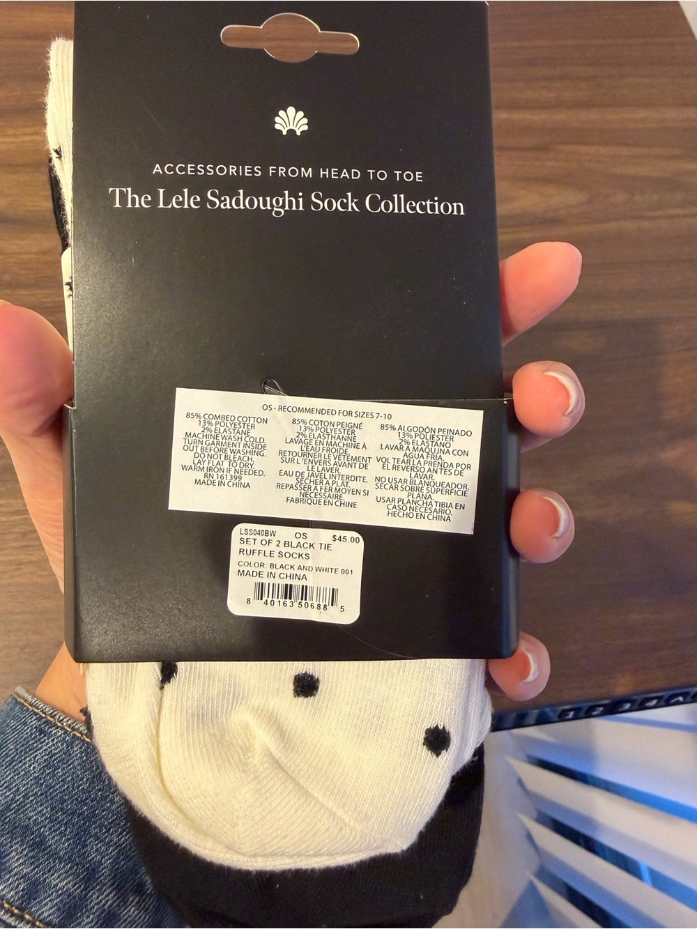 Lele Sadoughi Black Scalloped Trim Socks with Gold Bee/White with Black Dot - Picture 3 of 4